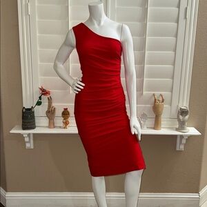 Dress the Population Martine One Shoulder Midi Dress Rouge